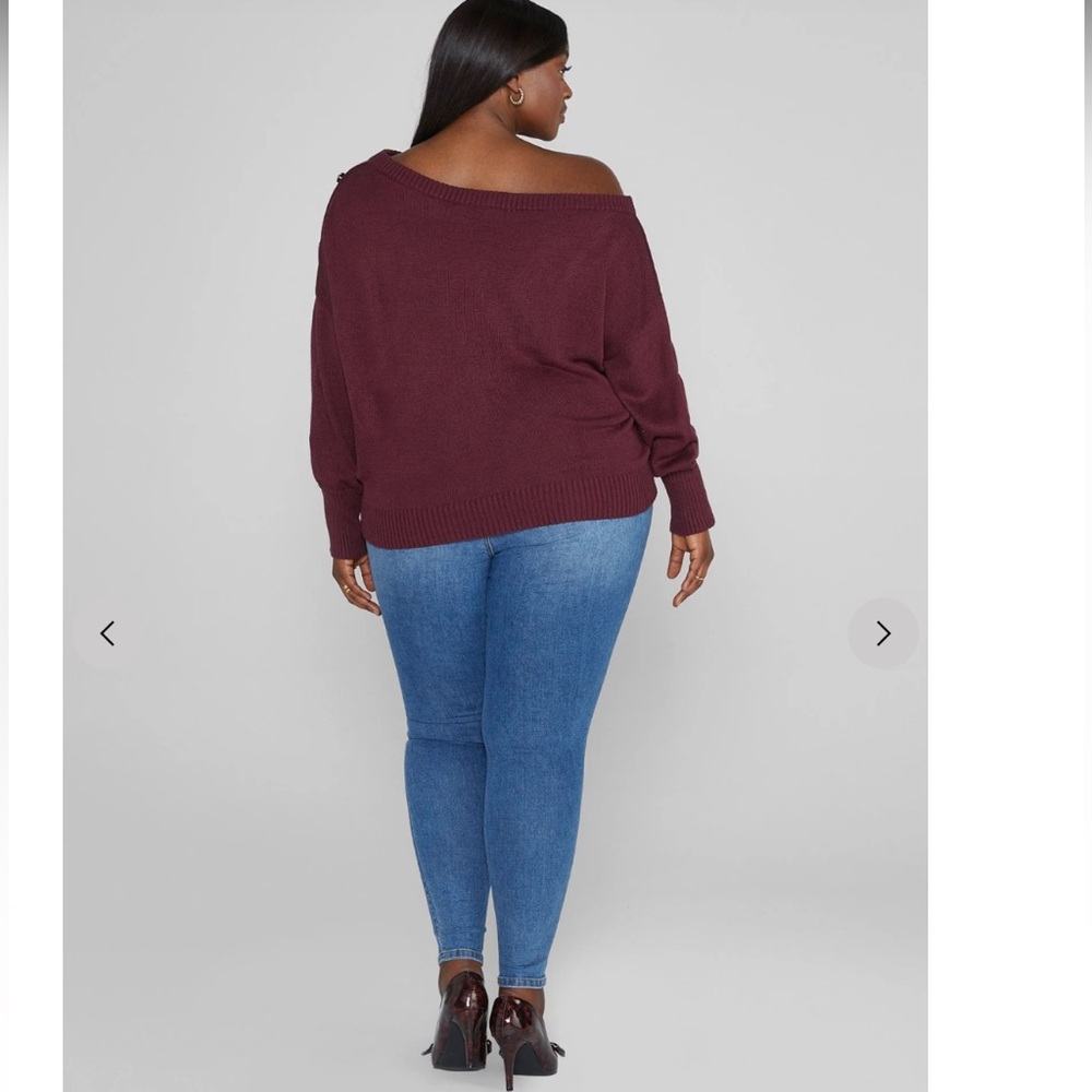New Fashion to Figure Adrienne Off Shoulder Sweater button shoulder burgundy 0 - Picture 9 of 11